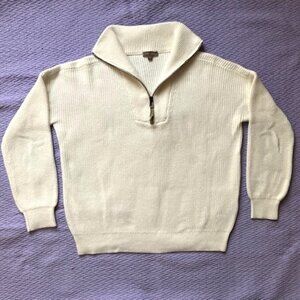 Lilla P Half Zip Cotton-Cashmere Blend Rib Knit Pullover in Starch, SIze M